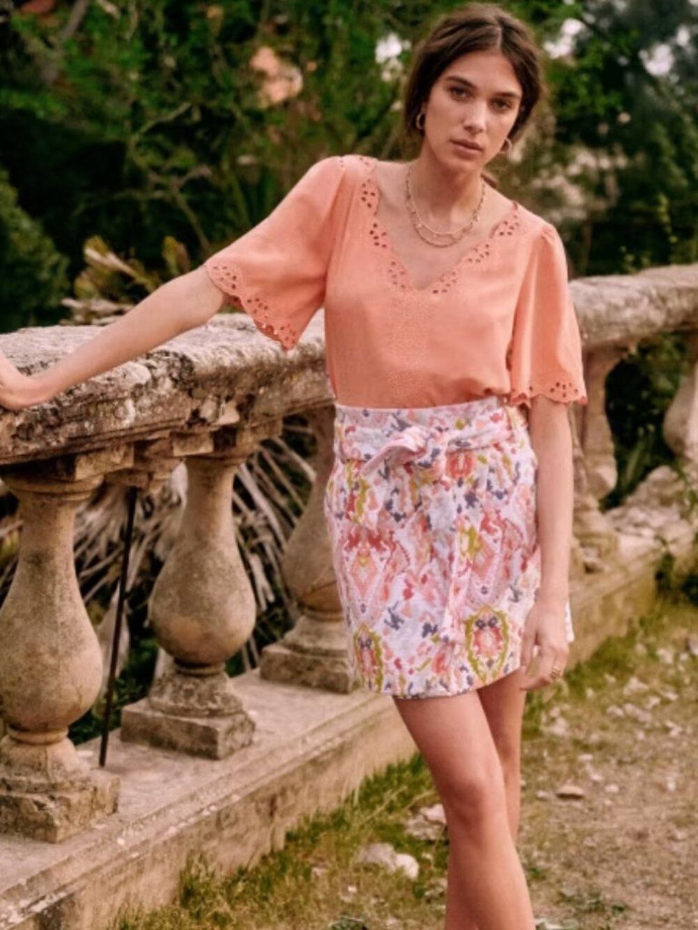 NWT Sezane Leandra Skirt in Orange and Red Jacquard / 4